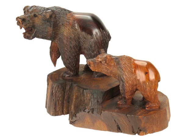 Grizzly with baby - Ironwood Carving  |  EarthView