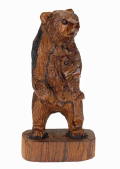Grizzly Bear standing with fish - Ironwood Carving  |  EarthView
